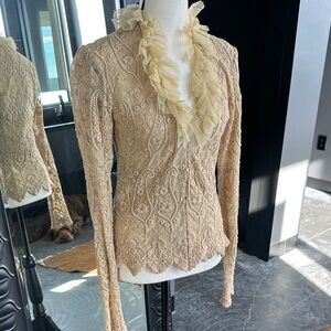 Lace Ruffled V-Neck Long Sleeve Top - Cream size 4 Ralph Lauren
